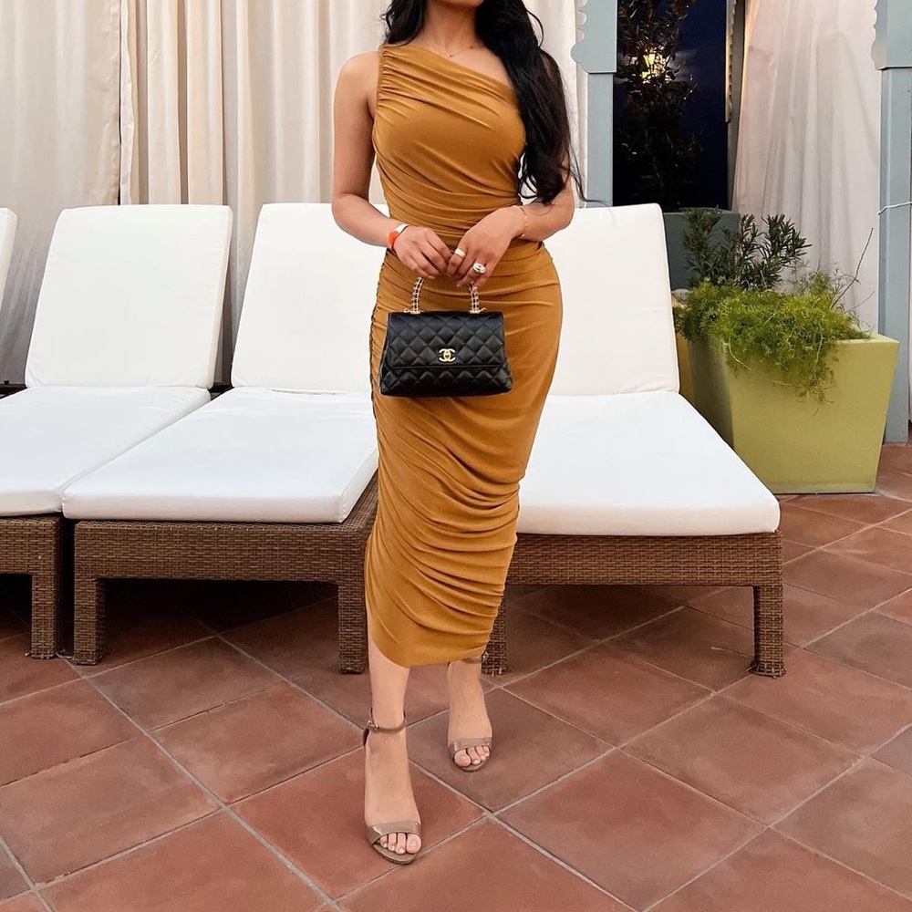 Ruched One Shoulder Asymmetrical Bodycon Dress • Size S